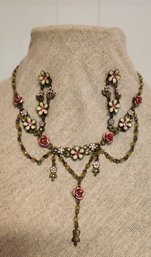 Vintage Green/cream/pink Floral Earrings And Necklace - Ref 121