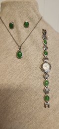 Jade Colored Necklace, Earrings, And Watch