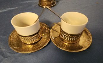 Set Of Two Tea Cups With Sliver Saucers And Casings