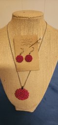 Pink Flower Set Necklace And Earrings, Never Worn