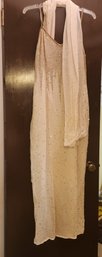 Long White Beaded Formal Evening Gown - Large