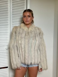 Genuine Fur Coat White/gray Short Cropped With Gray Leather - Size Med