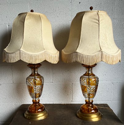 Pair Of Clear And Orange Glass Table Lamps