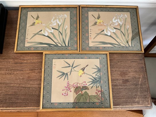 Vintage Chinese Floral Paintings On Silk