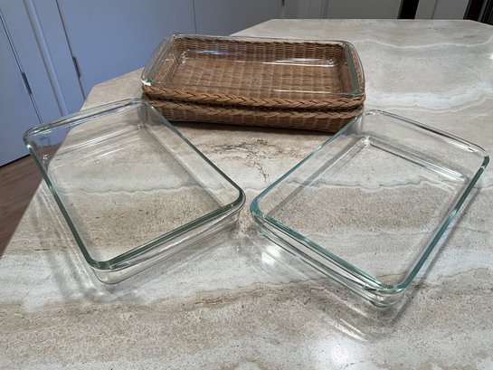 Grouping Of Pyrex Glass Baking Dishes Incl. Wicker Holders