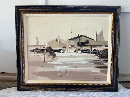 Vintage Harbor Scene Oil Painting On Canvas, Signed