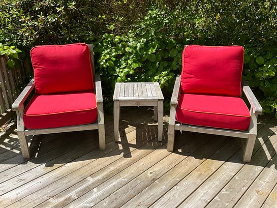 Teak Patio Arm Chairs And Table By Outdoors Classics Incl. Cushions