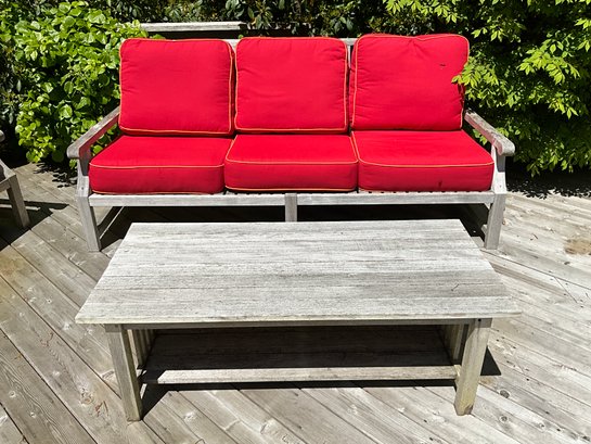 Teak Patio Outdoor Sofa And Cocktail Table Incl.  Cushions