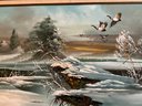 Vintage Framed Winter Landscape Painting On Canvas, Signed