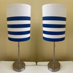 Pair Of Blue And White Striped Bedside Lamp.