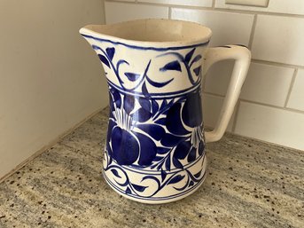 Vintage Mexican Blue And White Pottery Pitcher