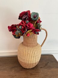 Folk Art Woven Pitcher And Flowers