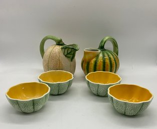 Ceramic Cantaloupe And Squash Pitchers Incl. Bowls