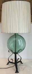 Vintage Green Glass And Iron Lamp