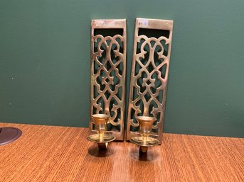 Pair Of Brass Wall Mount Candlestick Holders