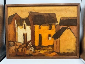 Mid-Century Village Scene Painting On Fabric