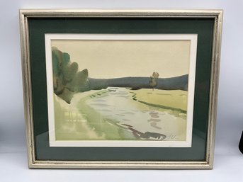 Vintage River Scene Watercolor Painting