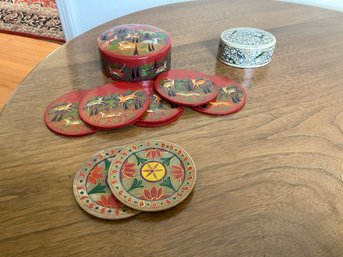 Grouping Of Hand-painted Folk Art Coasters And Trinket Box