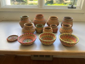 Grouping Of Decorative Folk Art Straw Baskets