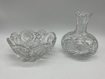 Crystal Cut Bowl And Vase