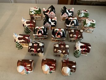 Grouping Of Ceramic Mini House Christmas Ornaments