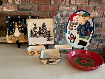 Grouping Of Christmas Themed Decorative Plates/platters And Candy Dishes