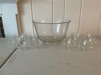 Clear Glass Punch Bowl And Cups