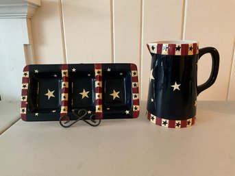 Red White And Blue Star Themed Dish And Pitcher