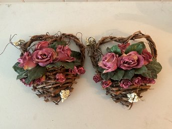(2) Faux Flower And Woven Twig Heart Shaped Decor