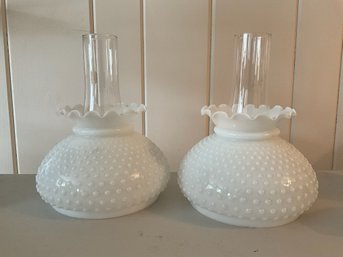 Pair Of White Hobnail Glass Lamp Shades Incl. Clean Glass Inserts