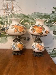 Pair Of Vintage Floral Hurricane Lamps