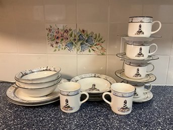 Grouping Of Stoneware Lighthouse Themed Tableware