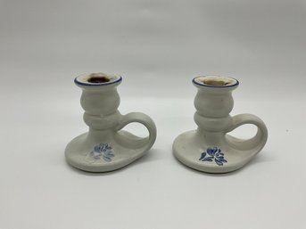 Pair Of Ceramic Blue And White Candlestick Holders