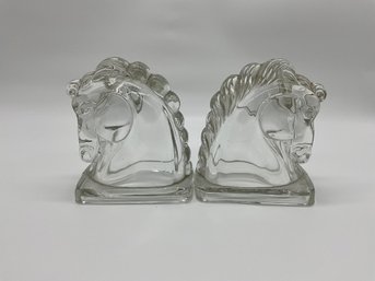 Pair Of Clear Glass Hollow Horse Head Book Ends