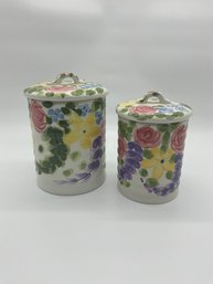 (2) Jardine Floral Hand Painted Ceramic Canisters