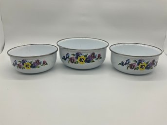 Vintage Floral Pansy Enamelware Mixing Bowls