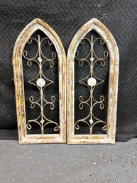 Pair Of Decorative Arched Wood And Metal Window Frames