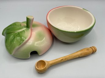 Porcelain Lidded Fruit Preserve Bowl Incl. Wooden Spoon