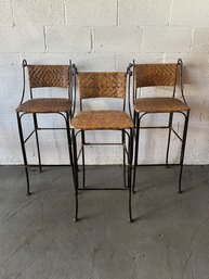 (3) Mid-Century Wrought Iron & Rattan High Seat Counter Stools