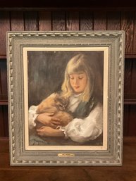 Portrait Of A Young Girl With Cat By Rayma Spaulding - Best Portrait Old Greenwich Art Society 1966