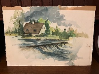 Marie Spaulding Cottage Waterscape/Barn Watercolor Painting On Water