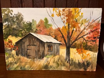Marie Spaulding Autumn Barn Scene Watercolor On Paper