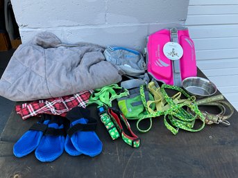 Grouping Of Dog Supplies - Life Jacket, Booties, Collars, Leases