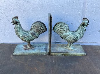 Pair Of Metal Rooster Bookends