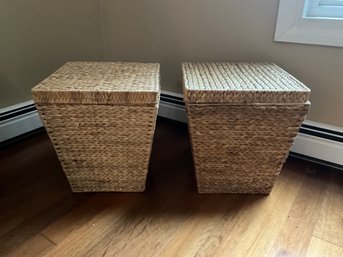 Pair Of Woven Grass Lidded Baskets