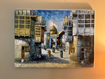 Middle East Street Scene Oil Painting On Canvas, Signed