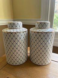 Pair Of Navy Blue, White And Gold Canisters