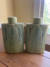 Pair Of Green Leaf Canisters