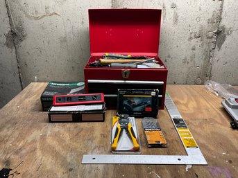 Grouping Of Miscellaneous Hand Tools - Tool Box, Nails, Hammer, Drill Bits