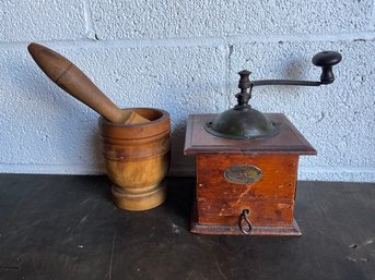 Primitive Mortar And Pestle And Antique Coffee Bean Grinder